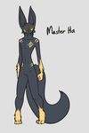  anthro black_fur feretta fluffy_tail fur gloves_(marking) glowing glowing_eyes looking_at_viewer male mammal markings master_ha nude simple_background slim socks_(marking) solo standing tale_of_tails yellow_eyes yellow_fur 