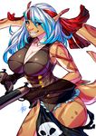  2016 absurd_res anthro bandanna big_breasts blue_eyes blue_hair breasts brown_skin cleavage clothed clothing fangs female fish gloves gun hair hi_res lips long_hair looking_at_viewer marine ranged_weapon shark simple_background smile solo teeth weapon white_background white_hair white_skin xdtopsu01 