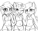  2015 anthro apple_bloom_(mlp) black_and_white blush camel_toe clothing condom condom_in_mouth cub cutie_mark_crusaders_(mlp) earth_pony equine fearingfun female friendship_is_magic fur group hair hands_behind_back hi_res horn horse mammal monochrome my_little_pony navel one_eye_closed pegasus pony scootaloo_(mlp) smile sweetie_belle_(mlp) take_your_pick unicorn wings young 