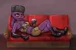  alcohol alekkbon alekksandar anthro beverage bonnie boots buckteeth camo clothed clothing digital_media_(artwork) elbow_gloves female five_nights_at_freddy&#039;s food footwear fur gloves hat lagomorph looking_at_viewer lying mammal purple_background purple_fur rabbit red_eyes russian shirt shorts simple_background smile sofa solo soviet_union teeth ushanka video_games wine 