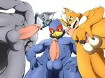  abs anthro avian balls beak biceps black_nose blue_eyes blue_feathers brown_fur canine claws erection eyewear falco_lombardi feathers fox fox_mccloud fur green_eyes grey_eyes grey_fur group hand_on_penis hi_res humanoid_penis kuroshinki looking_down male mammal muscular nintendo nipples nude open_mouth pecs penis smile standing star_fox submissive_pov teeth tongue vein video_games white_fur wolf wolf_o&#039;donnell 