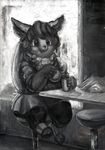  2016 anthro arkomeda beverage black_and_white breasts burger cervine clothed clothing eating female fluffy food fur gouache hair happy horn invalid_tag long_hair mammal monochrome seat sitting skirt smile soda traditional_media_(artwork) vest wool yoga_pants 