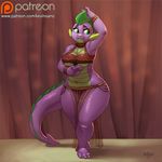  2016 aged_up anthro breasts cleavage clothed clothing crossgender dragon facial_piercing fangs female friendship_is_magic front_view harem kevinsano loincloth looking_away my_little_pony navel nose_piercing piercing plantigrade purple_scales scales scalie skimpy smile solo spike_(mlp) translucent transparent_clothing under_boob wide_hips 