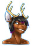  2013 alpha_channel anthro antlers black_hair blue_eyes brown_fur bust_portrait cervine digital_media_(artwork) english_text fur hair horn male mammal multicolored_hair nude portrait purple_hair reindeer signature smile solo teeth text touchofsnow two_tone_hair 