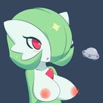  anthro big_breasts blush breasts clothed clothing erect_nipples female gardevoir green_hair hair hair_over_eyes jcdr nintendo nipples nougat open_mouth pok&eacute;mon red_eyes solo spacecraft surprise topless vehicle video_games 