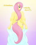  anthro back_boob big_breasts blue_eyes breasts butt dialogue equine female fluttershy_(mlp) friendship_is_magic gradient_background gunpowdergreentea hair hi_res horse huge_breasts looking_at_viewer looking_back mammal my_little_pony nude pegasus pink_hair pony rear_view simple_background smile towel wings 