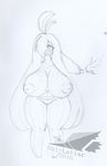  2016 anthro anthrofied areola big_areola big_breasts big_nipples breasts english_text female freckles gourgeist hair hi_res huge_breasts latiar long_hair m&eacute;lanie_mortros&eacute; monochrome nintendo nipples nude pok&eacute;mon pok&eacute;morph ponytail pussy simple_background sketch solo text traditional_media_(artwork) video_games watermark white_background 