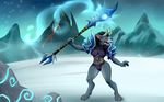  2015 angry anthro armor belt black_fur black_hair black_nose breasts canine claws detailed_background digital_media_(artwork) female fur green_eyes hair horn lonbluewolf lyalia mammal mountain open_mouth sky snow solo staff teeth tongue video_games warcraft were werewolf worgen yellow_sclera 