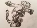  2016 asian baggy_clothing cat claws clothed clothing feline female fight fur jumping kick kung_fu_panda lordofpengz mammal master_tigress paws pencil_(artwork) raised_leg robe simple_background sketch smile solo striped_fur stripes teeth tiger traditional_media_(artwork) white_background wind 