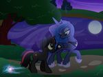  2014 absurd_res blue_eyes blue_feathers blue_fur blue_hair crown cutie_mark duo equine eye_contact fan_character feathered_wings feathers female feral friendship_is_magic fur grass hair hi_res horn jewelry landscape mammal moon my_little_pony nature necklace nightmaremoons outside plant princess_luna_(mlp) sky smile star tree winged_unicorn wings 