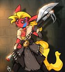  2016 abstract_background anthro armor axe barbarian battle_axe black_sclera blonde_hair bone chest_tuft cinnamon_swirl clothed clothing duckdraw eeveelution elbow_gloves face_paint female fingerless_gloves flareon flat_chested fur gloves glowing glowing_eyes hair jewelry melee_weapon necklace nintendo pok&eacute;mon ponytail red_eyes red_fur skull solo tuft unconvincing_armor video_games warrior weapon 