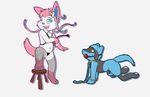  all_fours alternate_version_available ambiguous_gender anthro ball_gag bdsm canine chastity chastity_cage clothing collar duo eeveelution gag handcuffs harness hi_res leash looking_up male male/ambiguous mammal navel nintendo pawpads pok&eacute;mon riding_crop riolu shackles side_view skunket smirk step_pose stool sylveon thong video_games whip 