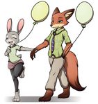  2016 anthro balloon barefoot black_nose brown_fur canine claws clothed clothing cute disney duo eyes_closed female fox fur green_eyes grey_fur half-closed_eyes judy_hopps lagomorph long_ears male mammal necktie nick_wilde open_mouth pants pink_nose rabbit raised_tail shirt simple_background skirt smile tailzkim teeth toe_claws tongue white_background wide_hips zootopia 