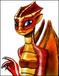  anthro big_ears blue_eyes claws dragon female flat_chested happy long_neck looking_at_viewer ophelia red_skin scales simple_background slim slit_pupils smile solo wings wolfkuro 