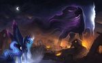  16:10 2016 crescent_moon cutie_mark equine feathered_wings feathers female feral fire friendship_is_magic glowing hair hi_res horn long_hair magic mammal moon my_little_pony outside princess_luna_(mlp) rain-gear ruins tantabus wallpaper winged_unicorn wings 