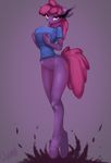  2015 anthro anthrofied bedroom_eyes berry_punch_(mlp) big_breasts bottomless breast_fondling breasts clothed clothing cutie_mark earth_pony equine female fondling friendship_is_magic fur hair half-closed_eyes hand_on_breast hi_res horse huge_breasts looking_at_viewer mammal my_little_pony navel nipple_bulge pony purple_background purple_fur purple_hair purple_theme pussy seductive simple_background smile solo standing vertiliago 