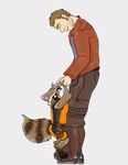  brown_fur brown_hair clothed clothing dontbeazombie duo fur guardians_of_the_galaxy hair mammal multicolored_fur multicolored_tail opaque_background peter_quill raccoon rocket_raccoon striped_tail 