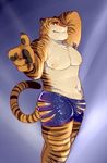  anthro bulge clothed clothing disney feline fur glitter_trap_boy hi_res male mammal nipples penis shorts solo stripes stripper_tiger_(zootopia) tiger topless zootopia 