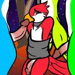  2016 anonyartist anthro avian avian_(starbound) beak bird blue_feathers bound collar desert digital_media_(artwork) dirt duct_tape erection fear feathers green_feathers group imminent_rape looking_at_viewer maladash male male/male nude outside penis red_feathers scared space_background star starbound tree video_games yellow_feathers 