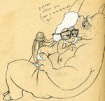  anthro barefoot caprine dawn_bellwether dialogue disney english_text erection eyewear female glasses hi_res horn humanoid_penis larger_male male mammal musclegut nervous nipples nude officer_mchorn on_lap on_top on_top_of penis precum reclining retracted_foreskin rhinoceros sheep size_difference smaller_female speech_bubble sweat text tush uncut vein veiny_penis zootopia 