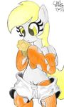  2013 amber_eyes blonde_hair clothing cutie_mark derpy_hooves_(mlp) english_text equine female feral food friendship_is_magic fur grey_fur hair mammal muffin my_little_pony pegasus pussy ricocake solo text wings yellow_eyes 