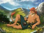  abs alcohol beverage biceps blue_eyes bottle bovine cattle flower food fur grass guerillasquirrel hair hi_res highland_cattle kilt looking_at_viewer lying male mammal melee_weapon muscular pecs plant pose reclining red_fur red_hair scottish solo sporran sword terry_(thorsoneyja) weapon whiskey 