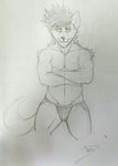  belly canine clothed clothing crossed_arms crotch dismissive_expression elbows eyebrows fur furry_tail hair hi_res invalid_tag looking_at_viewer mammal navel pointy_ears pointy_hair sketch solo thong underwear wide_hips wolf wolfybuns 