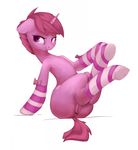  anus clothing equine fan_character female feral fur hair half-closed_eyes hi_res horn legwear mammal my_little_pony pink_fur pink_hair pussy simple_background smile socks solo striped_legwear striped_socks stripes unicorn vertiliago white_background 