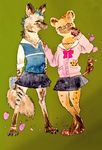  anthro barefoot claws clothed clothing duo ear_piercing female hyena looking_at_viewer mammal piercing shirt skirt spotted_hyena striped_hyena sweater こころまろ 