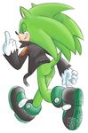  5_fingers anthro big_feet black_nose blue_eyes butt clothed clothing fakerface fire footwear fur gloves green_fur happy hedgehog jacket japanese looking_at_viewer male mammal middle_finger partially_clothed pointy_ears quills raised_arm scourge_the_hedgehog shadow sharp_teeth shiny shoes simple_background smile solo sonic_(series) teeth video_games walking white_background zipper 