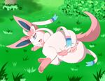 animal_genitalia animal_pussy anus bush butt canine_pussy eeveelution eyelashes feline female feral fur grass kamikitsu lying mammal nature nintendo open_mouth outside pawpads paws pink_fur pok&eacute;mon pussy ribbons solo sylveon tongue tongue_out tree video_games white_fur 