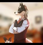  anthro big_ears black_and_white_fur black_and_white_hair black_fur canine clothed clothing crossed_arms digital_media_(artwork) fennec fox fur green_eyes hybrid kaelyn_idow magnifying_glass male mammal marble_fox multi_tail simple_background solo tserra-wolf white_fur 