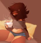  bear bed beverage brown_fur brown_hair clothed clothing coffee cup facial_piercing female food fur geekidog hair hi_res inside kit-kat_(geekidog) lip_piercing mammal nasal_piercing navel piercing shirt shorts solo 