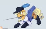  2016 alasou applejack_(mlp) blonde_hair cape clothing cutie_mark earth_pony equine female feral friendship_is_magic green_eyes hair hat hi_res horse mammal melee_weapon mouth_hold musketeer my_little_pony patreon pony rapier simple_background solo sword weapon 