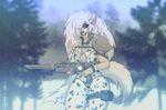  anthro chococosalo clothed clothing feline female forest gun hair hair_over_eye half-closed_eyes mammal outside ranged_weapon smile snow solo teeth tree weapon 