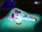  2015 absurd_res bed bedding bedroom_eyes blanket blue_fur blush candle cutie_mark duo equine eyes_closed feathered_wings feathers female fire friendship_is_magic fur hair half-closed_eyes hi_res horn inside kissing lying mammal multicolored_hair my_little_pony night nightmaremoons on_bed pegasus purple_fur purple_hair rainbow_dash_(mlp) rainbow_hair seductive sky star twilight_sparkle_(mlp) window winged_unicorn wings 