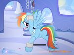  2016 ball_gag bdsm blue_feathers blue_fur bondage bound chain cloud cutie_mark equine feathered_wings feathers female feral friendship_is_magic fur gag hair inside looking_at_viewer looking_back mammal multicolored_hair my_little_pony nightmaremoons patreon pegasus rainbow_dash_(mlp) rainbow_hair red_eyes sky solo spread_wings spreader_bar wings 
