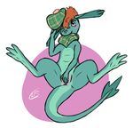 2016 anthro anus bite black_eyes blue_scales blush brown_hair clb covering cute disney english_text female green_scales hair hat loch_ness_monster looking_at_viewer lying marine mostly_nude nessie on_back pussy scales scalie scarf signature simple_background smile solo spread_legs spreading text the_ballad_of_nessie white_background 