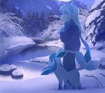  akitamonster anthro canine clothed clothing duo eeveelution feral fox glaceon mammal mountain nintendo outside pok&eacute;mon scarf snow tree video_games water winter 