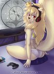  2016 anthro butt clothing console crossdressing crossed_legs crown cute fur game_(disambiguation) game_controller gamer girly headphones hi_res inside lace lingerie looking_at_viewer male mammal panties rear_view red_eyes relaxing sitting smile television triforce underwear ych z-afiro 