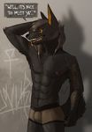  2016 abs absurd_res anthro anu anubian_jackal anubis black_fur black_sclera briefs bulge canine clothed clothing cybernetics deity dialogue digital_media_(artwork) egyptian fur graffiti hair hairstyle hi_res jackal kavaeric long_hair looking_at_viewer machine male mammal markings model muscular nipples p700 piercing pose punk rockgods science_fiction singing solo tattoo teeth tongue topless underwear 