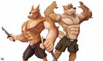  abs anthro biceps canine clothed clothing cuson eye_patch eyewear fur large_male male mammal melee_weapon muscular muscular_male necktie nipples pecs solo sword topless weapon 