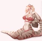  anthro bikini blonde_hair breasts claws clothing feline female fur grey_fur hair hi_res looking_at_viewer mammal navel red_eyes sitting smile solo stripes swimsuit tiger vexstacy 