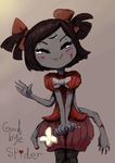  anthro arachnid arthropod black_hair blood blush clothing dismemberment english_text eyes_closed fangs female flower goneking grey_skin hair hair_bow hair_ribbon muffet multi_arm multi_eye multi_limb plant ribbons sad smile solo spider tears text torn_clothing undertale video_games wounded 