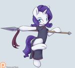  2016 alasou biped blue_eyes clothing equine eyelashes female feral friendship_is_magic hair hi_res horn looking_at_viewer mammal melee_weapon my_little_pony patreon polearm purple_hair rarity_(mlp) simple_background smile solo spear underhoof unicorn weapon 