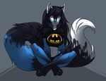  anthro batman batman_(series) canine clothed clothing facial_piercing female fur ghostli hair lip_piercing mammal piercing simple_background sitting smile solo 