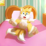  2016 anthro bed blue_eyes canine fox fur glomiagui hi_res looking_at_viewer male mammal miles_prower on_bed open_mouth simple_background solo sonic_(series) 