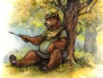  2016 5_toes anthro arrow bear black_eyes black_nose brown_bear brown_body brown_fur brown_sclera claws clothed clothing detailed_background digital_media_(artwork) digital_painting_(artwork) disney feathers fur grass hat hi_res kenket leaf little_john male mammal outside pawpads paws portrait robin_hood_(disney) sharp_teeth simple_background sitting slightly_chubby smile solo teeth toes tree watermark white_background 