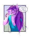  2016 ? absurd_res anthro blue_eyes blush clothed clothing english_text equine fur girly hair hi_res horse leash lips long_hair looking_at_viewer male mammal missblue purple_fur purple_hair shirt smile solo text 