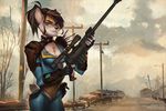  anthro armor breasts cleavage clothed clothing cloud dog_tags ear_piercing fallout feline female fingerless_gloves gloves green_eyes gun half-closed_eyes looking_at_viewer mammal outside piercing ranged_weapon rifle scope skinsuit smile sniper sniper_rifle solo standing teeth tight_clothing vagabondbastard video_games weapon 